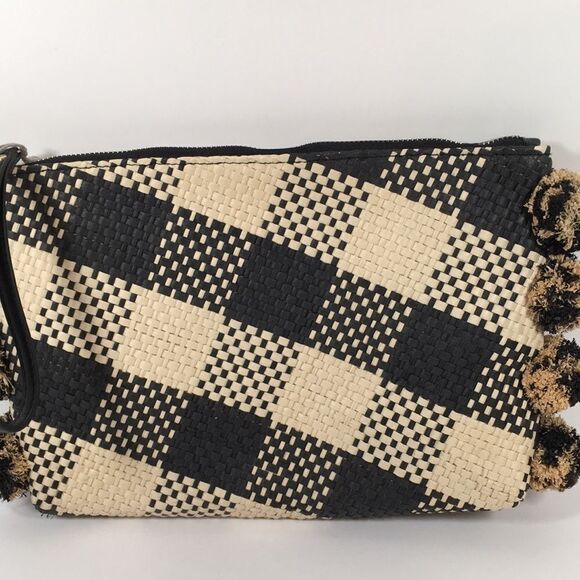 A New Day Straw Rafia Black and Creme Pom Pom Clutch Wristlet - Picture 2 of 14